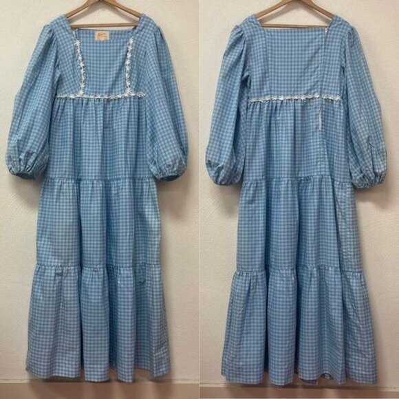 Vintage 1960s Keone Sportswear Hawaii Blue Checkered Maxi Dress Sz Medium - Picture 1 of 8